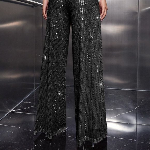 Black Preppy Womens High Waist Sequins Wide Leg Pants - Picture 3 of 5